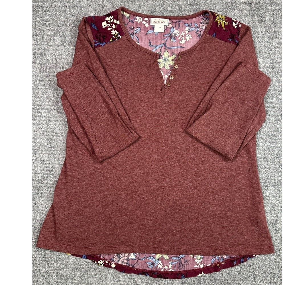 Ariat The River Top Woman's Size L long Sleeve Maroon‎ Style 10028782 Floral